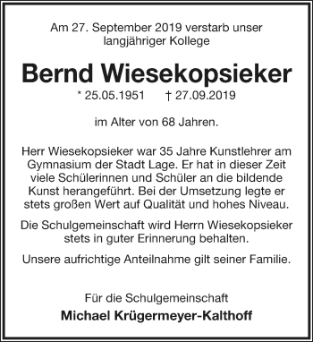 Anzeige  Bernd Wiesekopsieker  Lippische Landes-Zeitung