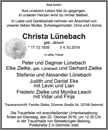 Anzeige  Christa Lünebach  Lippische Landes-Zeitung