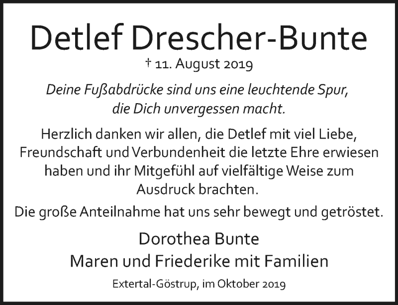  Traueranzeige für Detlef Drescher-Bunte vom 12.10.2019 aus Lippische Landes-Zeitung