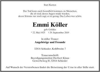 Anzeige  Emmi Köller  Lippische Landes-Zeitung