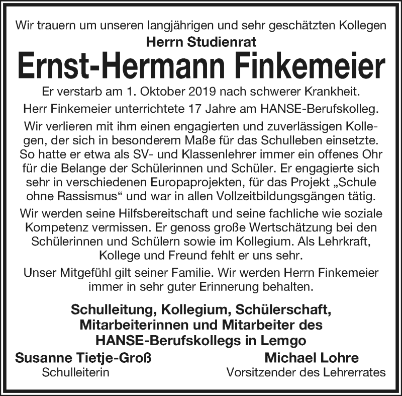  Traueranzeige für Ernst-Hermann Finkemeier vom 18.10.2019 aus Lippische Landes-Zeitung