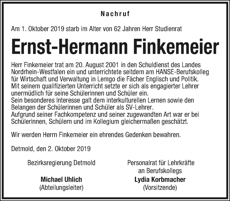  Traueranzeige für Ernst-Hermann Finkemeier vom 18.10.2019 aus Lippische Landes-Zeitung