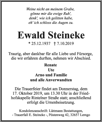 Anzeige  Ewald Steineke  Lippische Landes-Zeitung