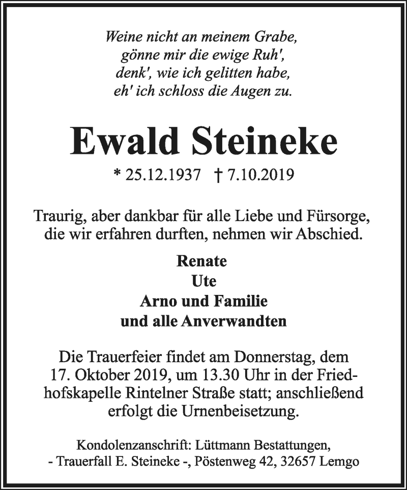  Traueranzeige für Ewald Steineke vom 11.10.2019 aus Lippische Landes-Zeitung