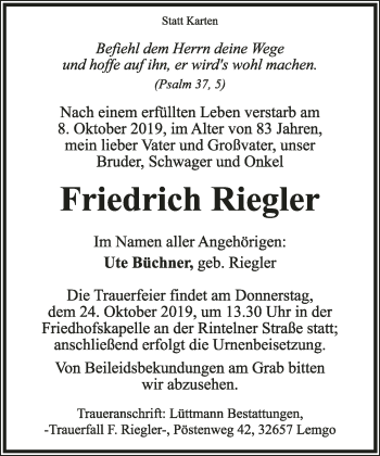 Anzeige  Friedrich Riegler  Lippische Landes-Zeitung