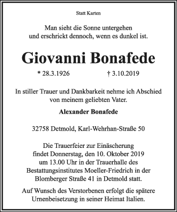 Anzeige  Giovanni Bonafede  Lippische Landes-Zeitung