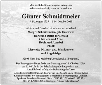 Anzeige  Günter Schmidtmeier  Lippische Landes-Zeitung