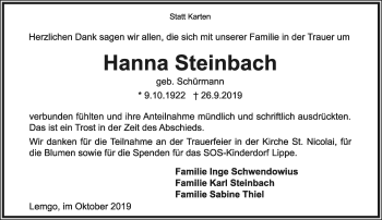 Anzeige  Hanna Steinbach  Lippische Landes-Zeitung