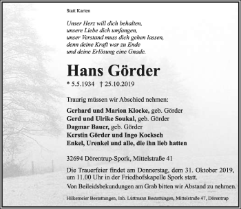 Anzeige  Hans Görder  Lippische Landes-Zeitung