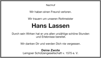 Anzeige  Hans Heinrich Lassen  Lippische Landes-Zeitung