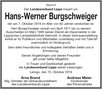 Anzeige  Hans-Werner Burgschweiger  Lippische Landes-Zeitung