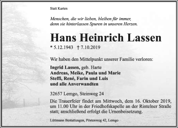 Anzeige  Hans Heinrich Lassen  Lippische Landes-Zeitung