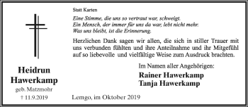 Anzeige  Heidrun Hawerkamp  Lippische Landes-Zeitung
