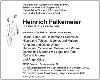 Anzeige  Heinrich Falkemeier  Lippische Landes-Zeitung