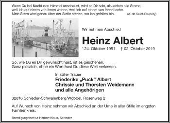 Anzeige  Heinz Albert  Lippische Landes-Zeitung