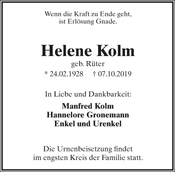 Anzeige  Helene Kolm  Lippische Landes-Zeitung