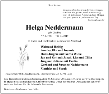 Anzeige  Helga Neddermann  Lippische Landes-Zeitung