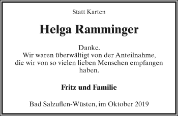 Anzeige  Helga Ramminger  Lippische Landes-Zeitung