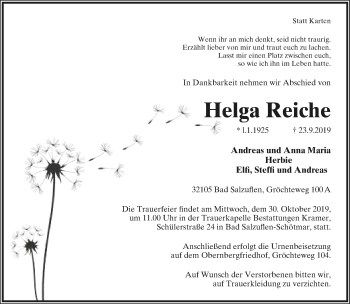 Anzeige  Helga Reiche  Lippische Landes-Zeitung