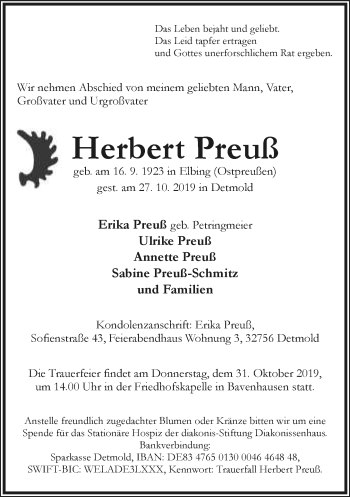 Anzeige  Herbert Preuß  Lippische Landes-Zeitung