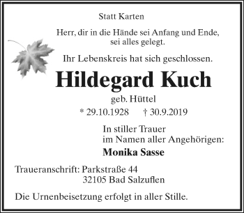 Anzeige  Hildegard Kuch  Lippische Landes-Zeitung