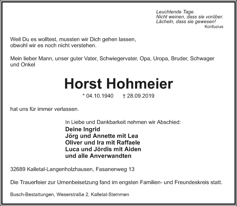  Traueranzeige für Horst Hohmeier vom 14.10.2019 aus Lippische Landes-Zeitung