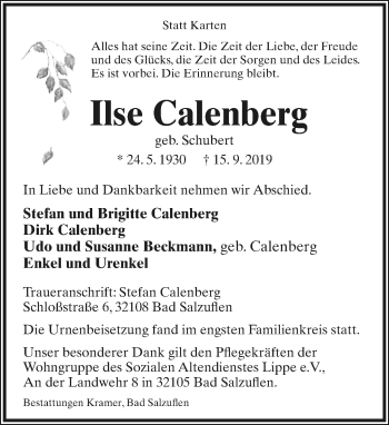 Anzeige  Ilse Calenberg  Lippische Landes-Zeitung