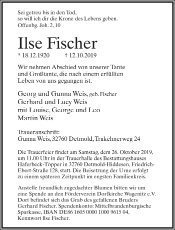 Anzeige  Ilse Fischer  Lippische Landes-Zeitung