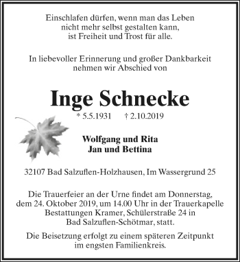 Anzeige  Inge Schnecke  Lippische Landes-Zeitung