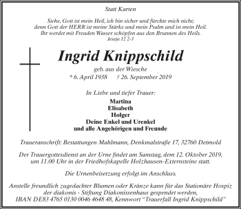 Anzeige  Ingrid Knippschild  Lippische Landes-Zeitung