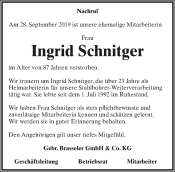 Anzeige  Ingrid Schnitger  Lippische Landes-Zeitung