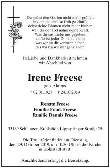 Anzeige  Irene Freese  Lippische Landes-Zeitung
