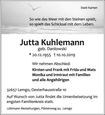 Anzeige  Jutta Kuhlemann  Lippische Landes-Zeitung