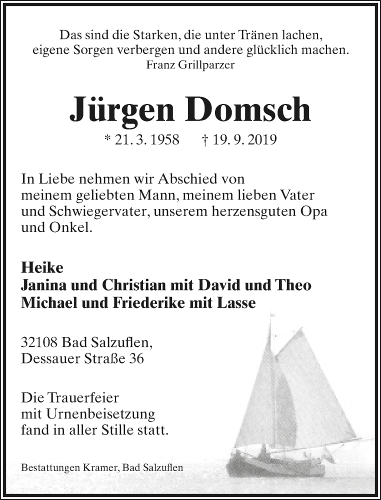  Traueranzeige für Jürgen Domsch vom 05.10.2019 aus Lippische Landes-Zeitung