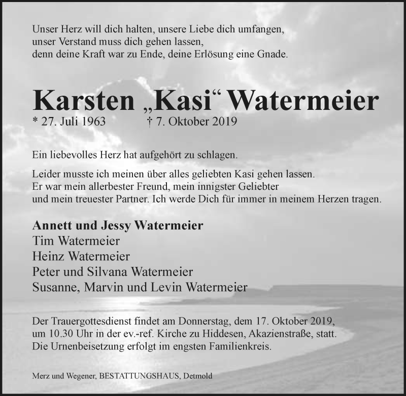  Traueranzeige für Karsten Watermeier vom 12.10.2019 aus Lippische Landes-Zeitung