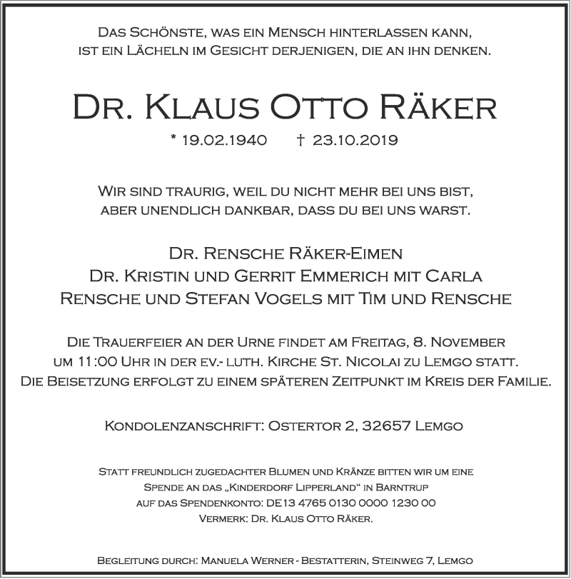  Traueranzeige für Klaus Otto Räker vom 26.10.2019 aus Lippische Landes-Zeitung