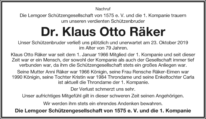  Traueranzeige für Klaus Otto Räker vom 26.10.2019 aus Lippische Landes-Zeitung