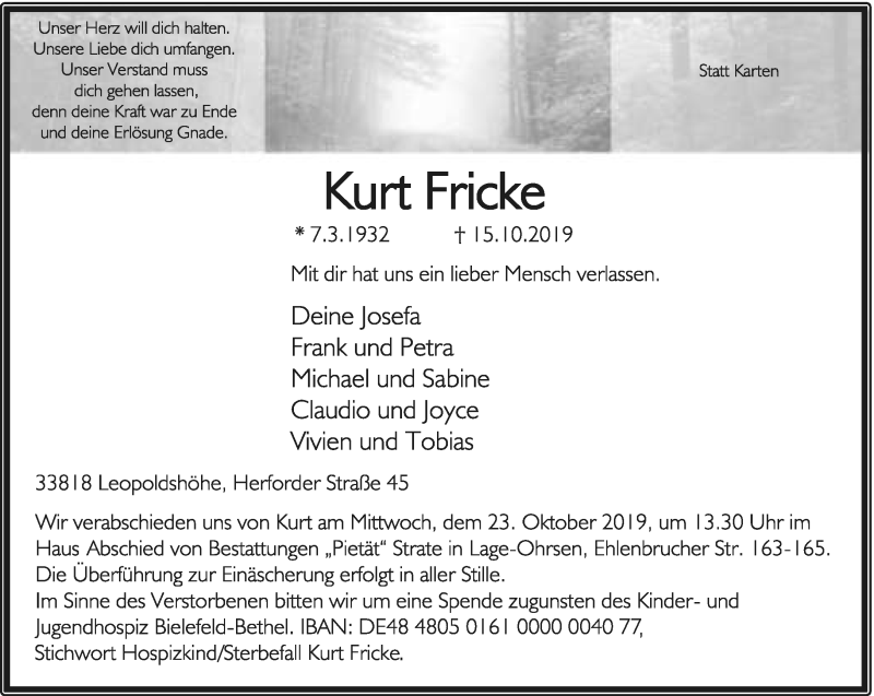  Traueranzeige für Kurt Fricke vom 19.10.2019 aus Lippische Landes-Zeitung