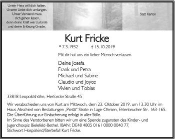 Anzeige  Kurt Fricke  Lippische Landes-Zeitung