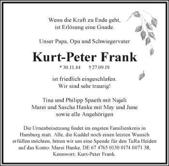 Anzeige  Kurt-Peter Frank  Lippische Landes-Zeitung