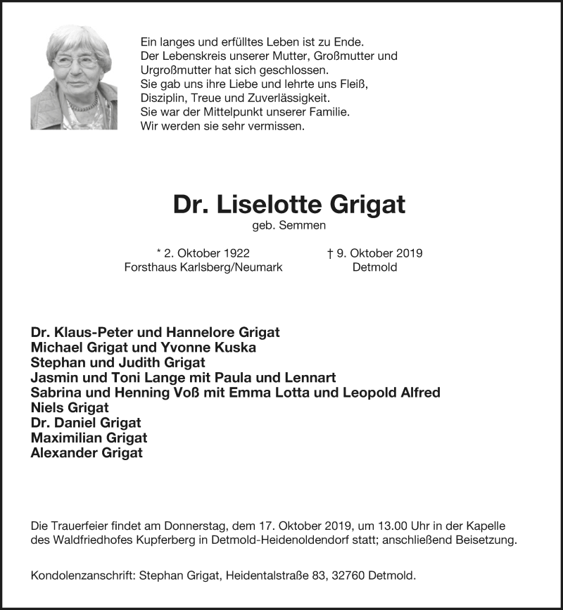  Traueranzeige für Liselotte Grigat vom 12.10.2019 aus Lippische Landes-Zeitung