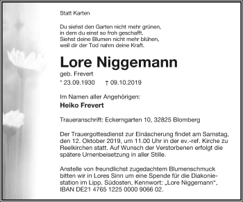 Anzeige  Lore Niggemann  Lippische Landes-Zeitung
