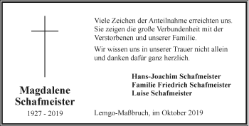 Anzeige  Magdalene Schafmeister  Lippische Landes-Zeitung