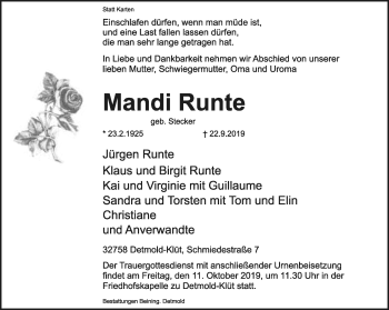 Anzeige  Mandi Runte  Lippische Landes-Zeitung