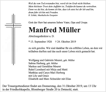 Anzeige  Manfred Müller  Lippische Landes-Zeitung