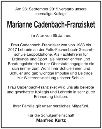 Anzeige  Marianne Cadenbach-Franzisket  Lippische Landes-Zeitung