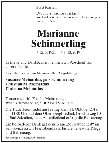 Anzeige  Marianne Schinnerling  Lippische Landes-Zeitung