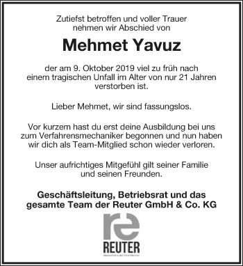 Anzeige  Mehmet Yavuz  Lippische Landes-Zeitung