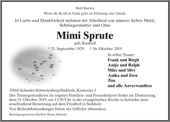 Anzeige  Mimi Sprute  Lippische Landes-Zeitung