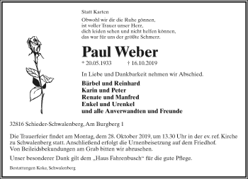 Anzeige  Paul Weber  Lippische Landes-Zeitung